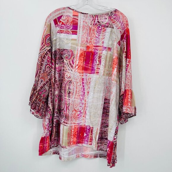 Catherines Tunic Paisley Patchwork Bell Sleeve Tie‎ Neck Shirt Women's 2X Boho - Picture 2 of 11